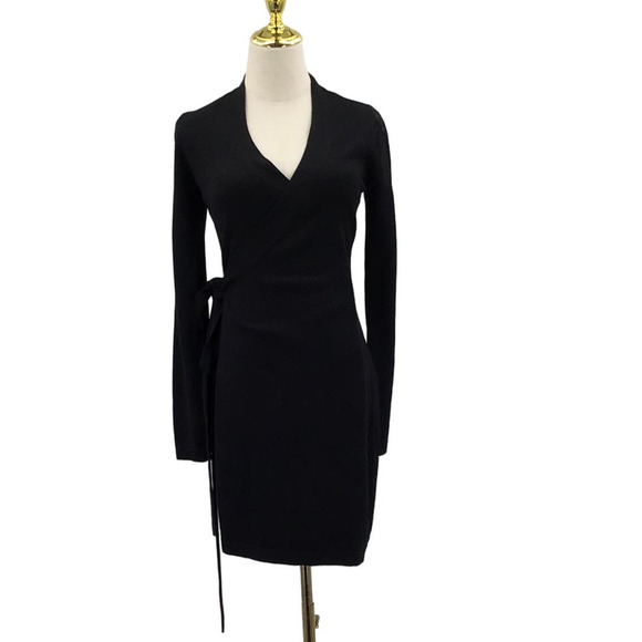 LULU'S SZ S Black Fall Favorites Long Sleeve Wrap Sweater Mini Dress NEW b120 - Picture 3 of 10